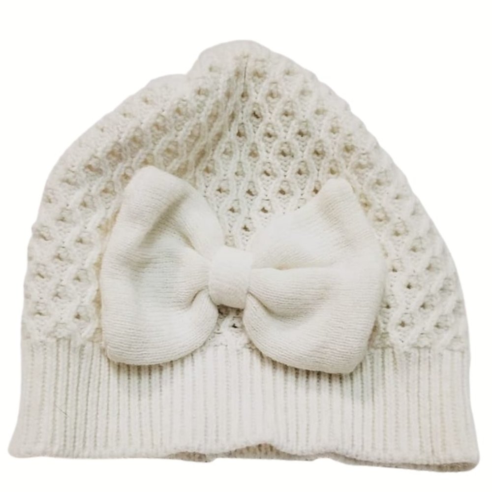 Crochet Stocking Cap with Bow (Off-white/Cream) OS